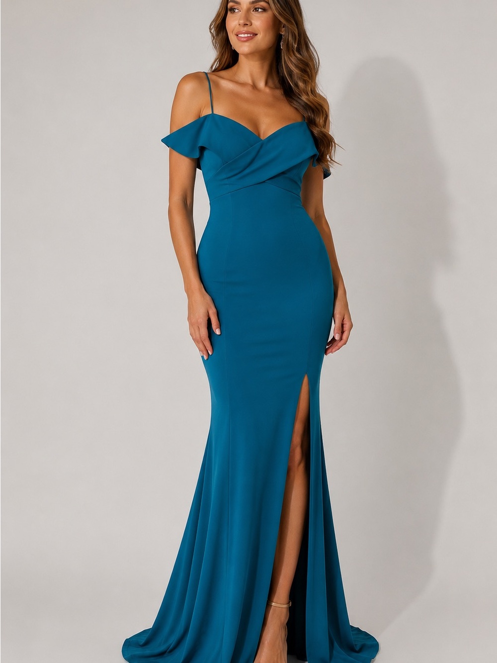 Teal Off-Shoulder Mermaid formal Dress with Thigh Slit